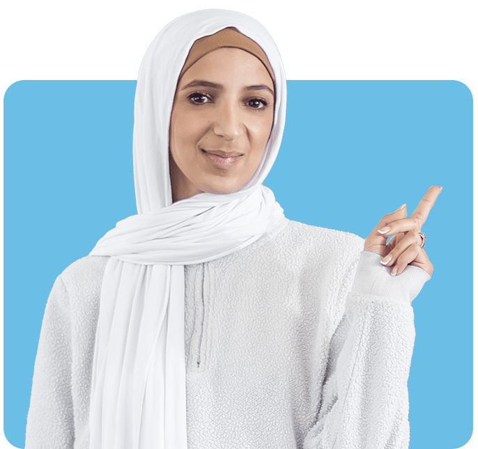 Woman wear headscarf pointing up and to the right