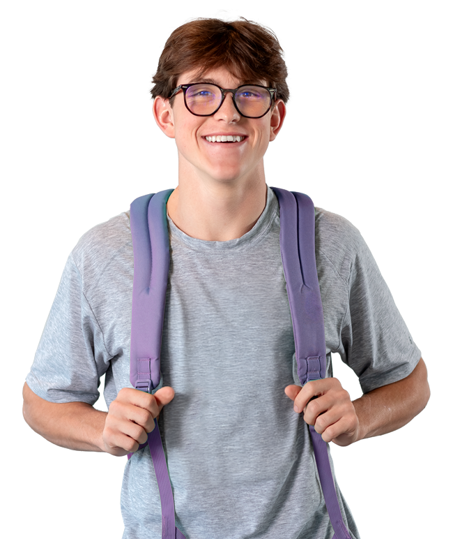 male student wearing a backpack and glows with happiness