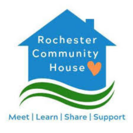 Simple house drawing that says "Rochester Community House" and below says "Meet | Learn | Share | Support"