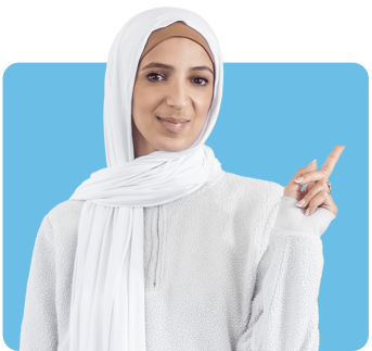 Woman wear headscarf pointing up and to the right